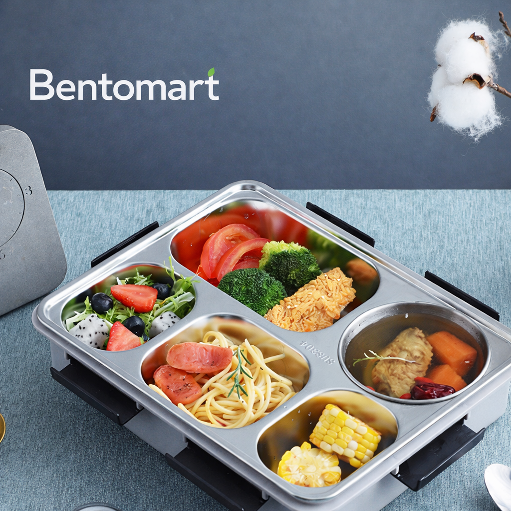 Bentomart Premium 5 Grid Stainless Steel Lunch Box - 1280ml + 250ml
