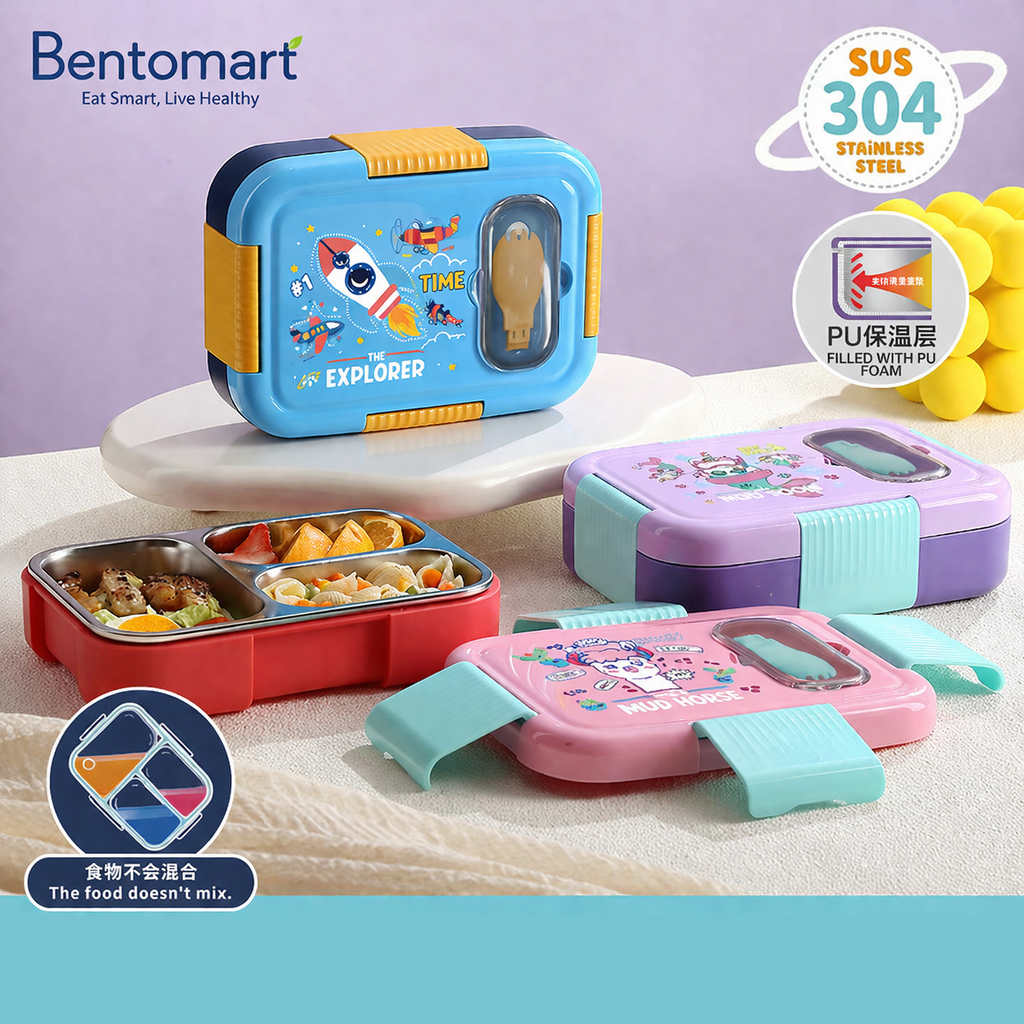 PU Insulated Kids Stainless Steel Lunch Box 3 Grid - 750ml