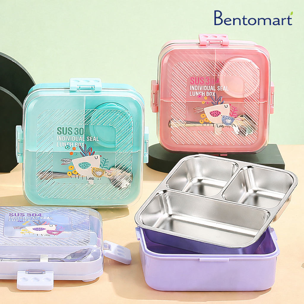 Floral Theme Stainless Steel Lunch Box - 3 Grid ( 1120ml + 70ml )