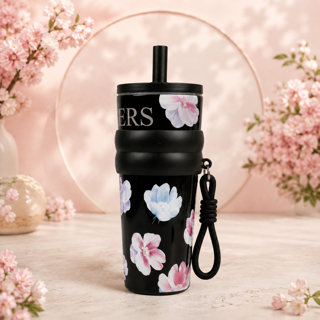 Bentomart Floral Theme Tumbler with Straw Lid and Carry Strap - 800ML