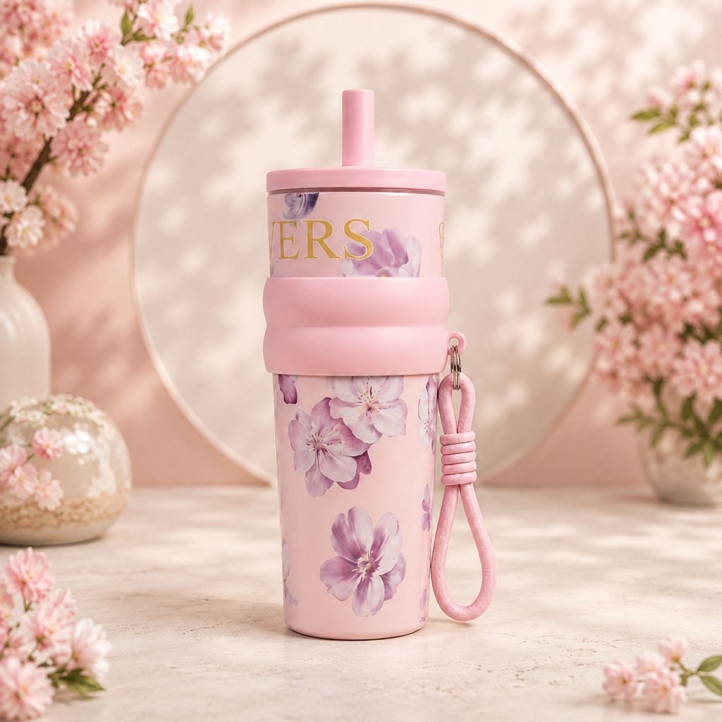 Bentomart Floral Theme Tumbler with Straw Lid and Carry Strap - 800ML