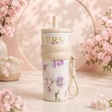 Bentomart Floral Theme Tumbler with Straw Lid and Carry Strap - 800ML
