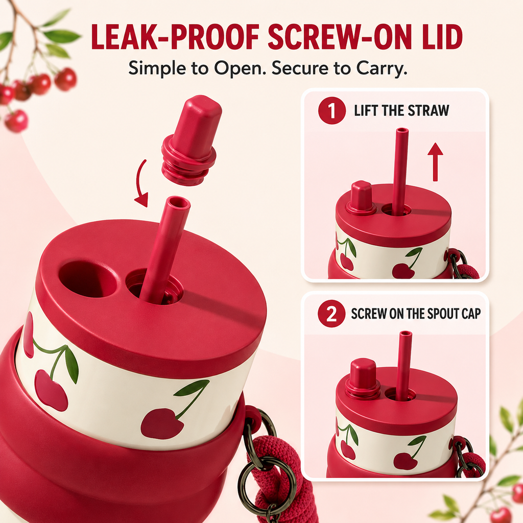 Korean Cute Cherry Theme Tumbler with Straw & Handle - 700ml