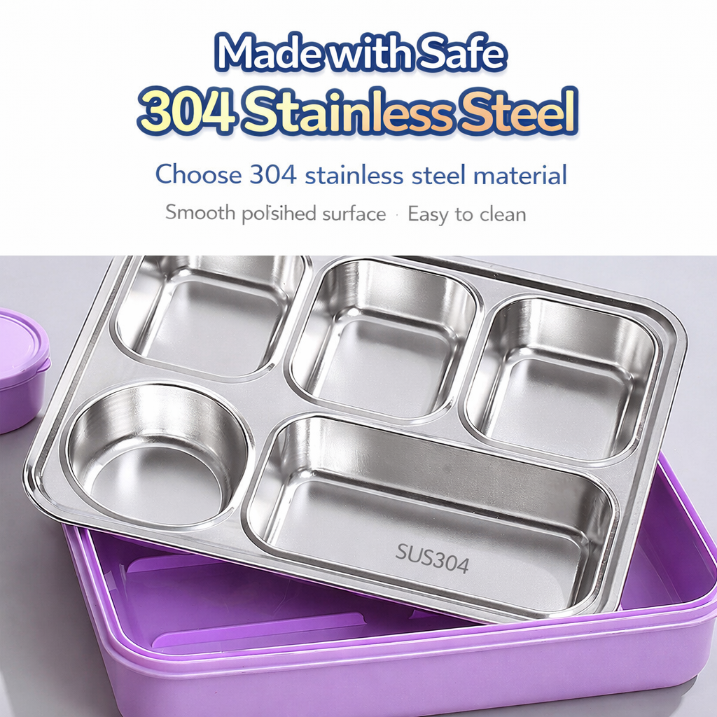 Independent Sealing Stainless Steel Lunch Box - 5 Compartment ( 1400 ml + 150ml ) Soup Bowl