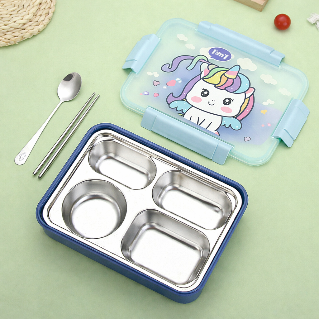Cute Duck / Dino / Unicorn Stainless Steel Lunch Box - 4 Compartment ( 1000ml )