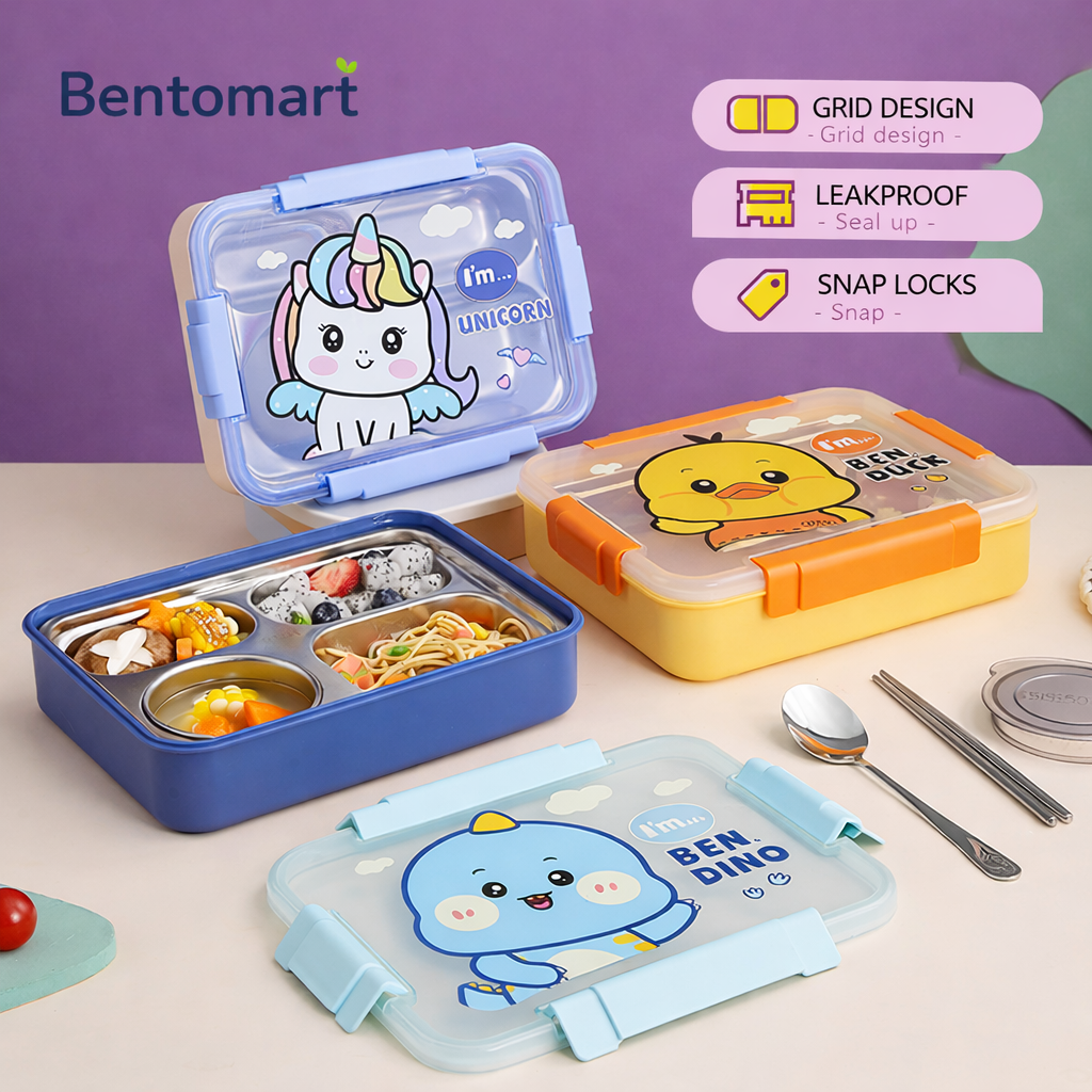 Cute Duck / Dino / Unicorn Stainless Steel Lunch Box - 4 Compartment ( 1000ml )
