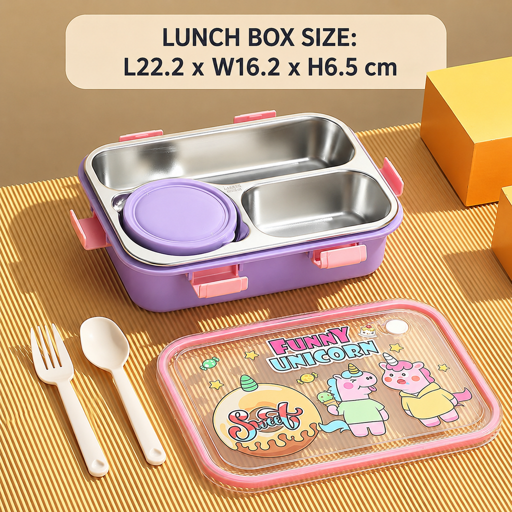 UV Printed Cartoon 3 Grid Bento Box - 700 + 150ml